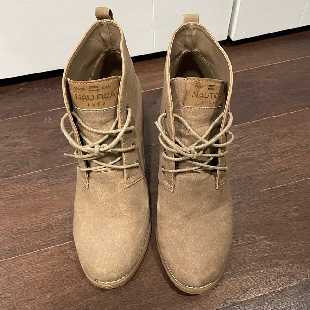 Nautica size 10 Womens wedge booties; worn with love, still have a lot of wear!